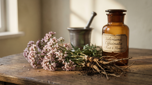 Fresh valerian roots and pink valerian flowers on an apothecary table at golden hour