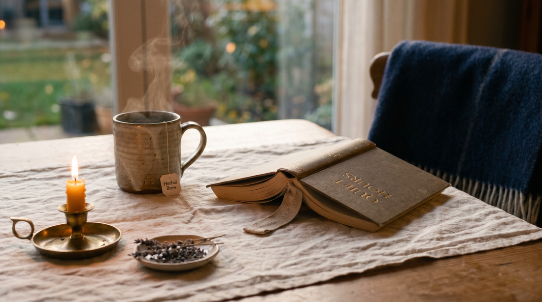 Cozy evening tabletop with steaming herbal tea, open book and lit candle in soft window light