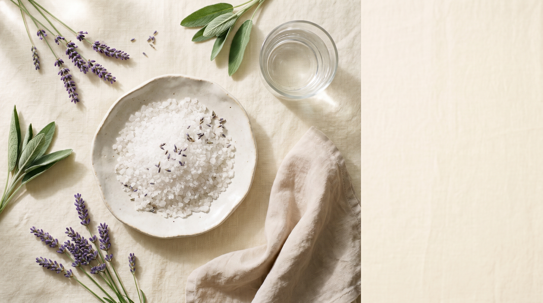 Flat lay with mineral salt crystals, lavender, sage and a water glass on cream linen