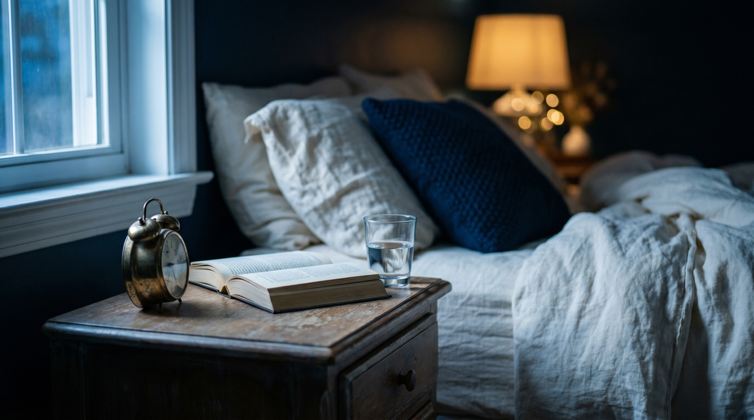 Dimly lit bedroom interior at night with vintage brass clock on the nightstand