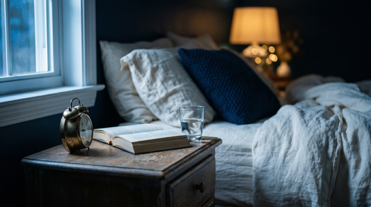 Dimly lit bedroom interior at night with vintage brass clock on the nightstand