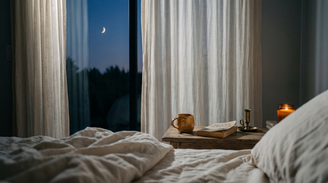 Minimal bedroom interior at evening twilight with a crescent moon visible through sheer cream linen curtains