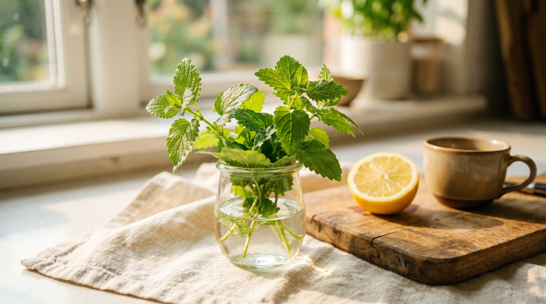 Fresh lemon balm sprigs in a glass jar with a halved lemon and a wooden cutting board in morning light