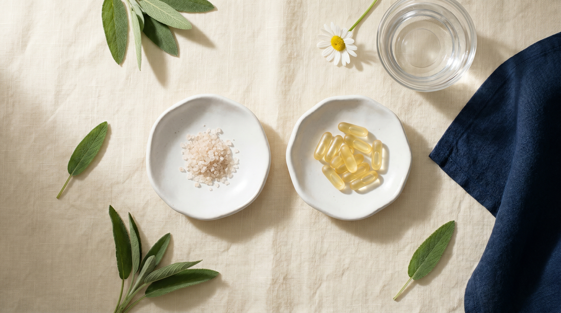 Two small ceramic dishes with mineral crystals and yellow capsules on cream linen