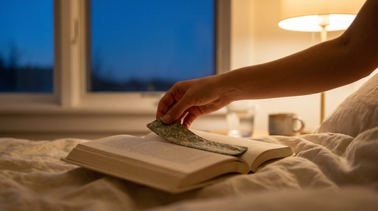 A hand placing a fabric bookmark in an open book on cream linen with warm bedside lamp