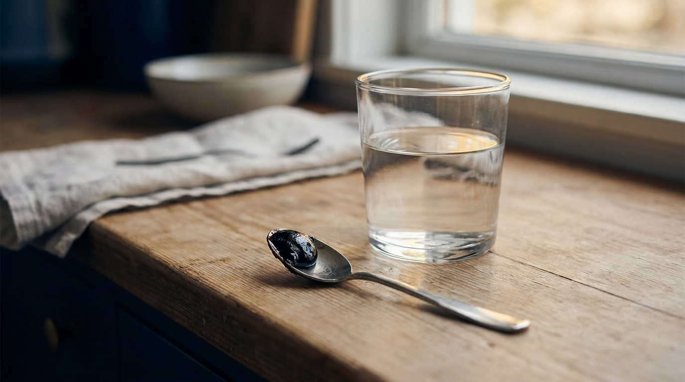 A glass of water and a spoon with a little shilajit resin on a counter
