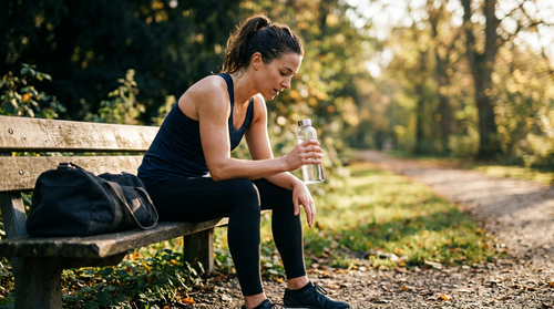 An athlete resting after a workout holding a water bottle