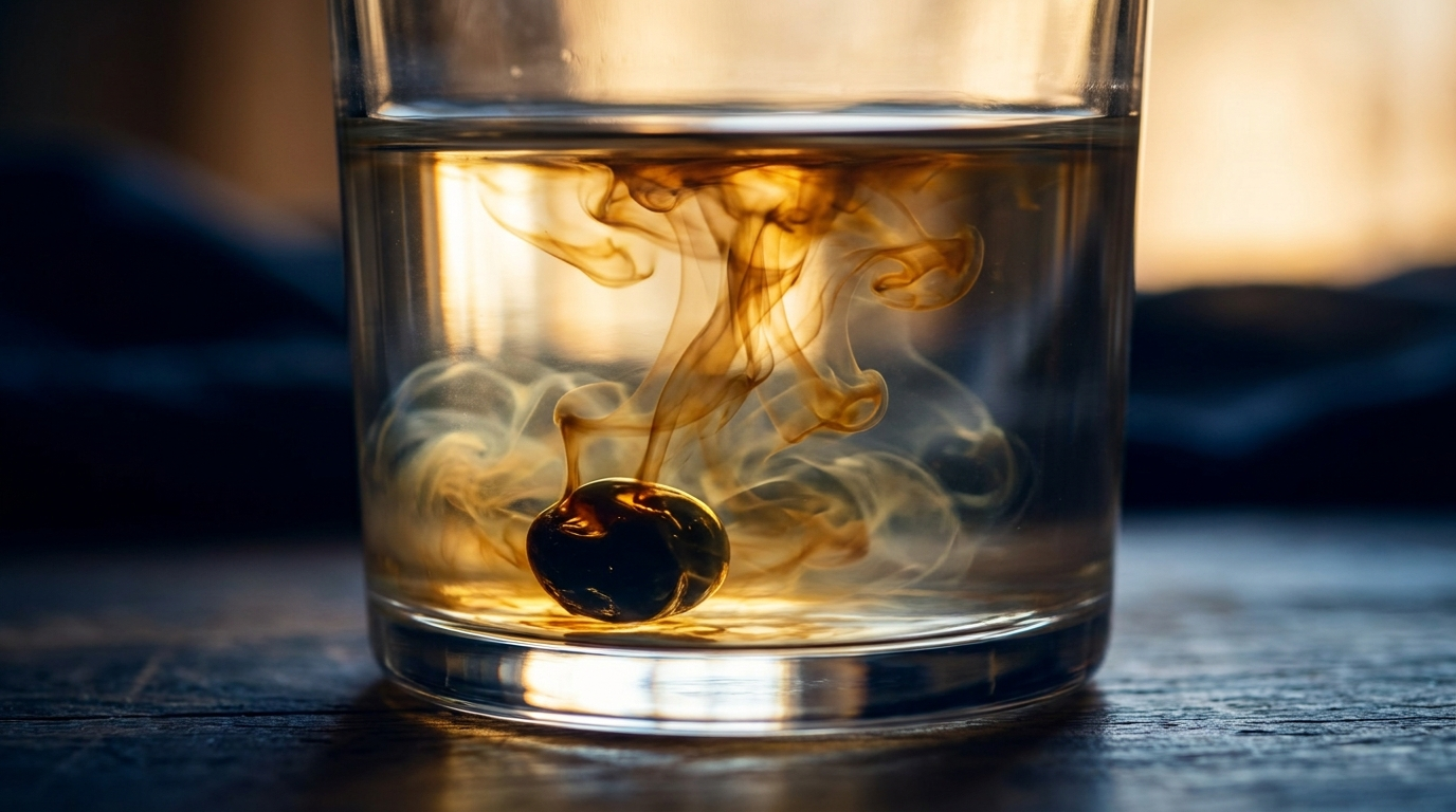 Black shilajit resin dissolving into warm water in golden swirls