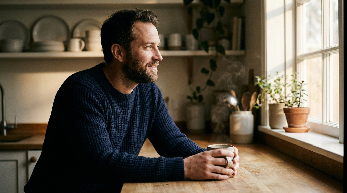 A man in a kitchen in morning light holding a warm mug