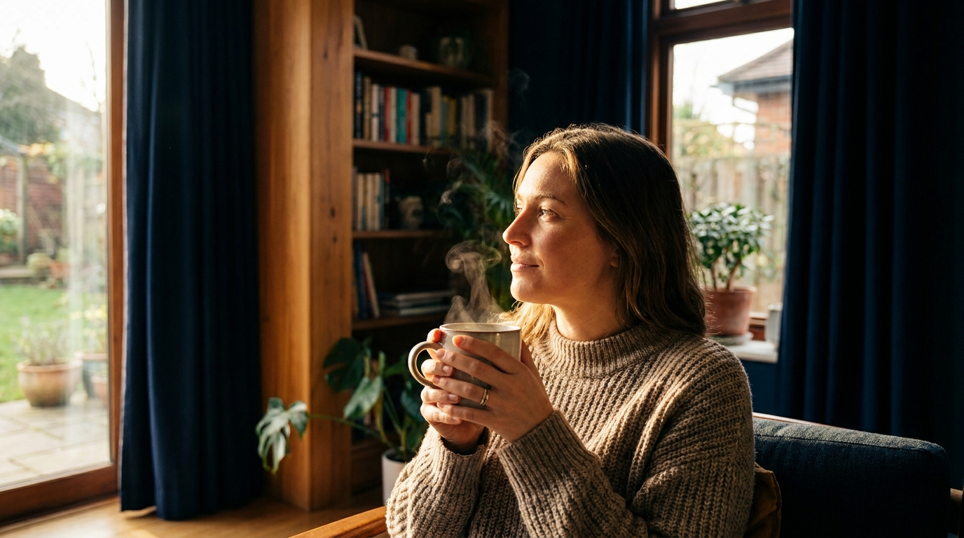 A woman by a window holding a warm mug of tea in morning light