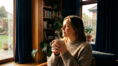 A woman by a window holding a warm mug of tea in morning light