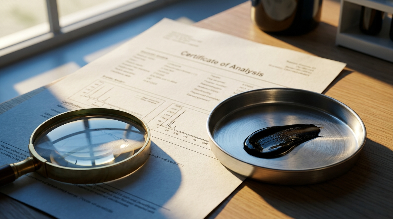 Laboratory certificate of analysis beside a small dish of black shilajit resin