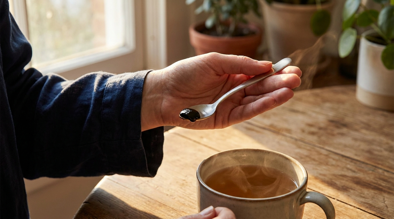 Hand holding a spoon with a small dose of shilajit resin over a warm mug