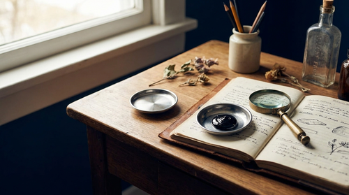 Research desk with a notebook, magnifying glass and a dish of shilajit resin