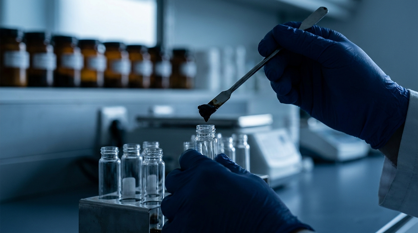 Shilajit resin sample placed into a lab test vial for heavy metal testing