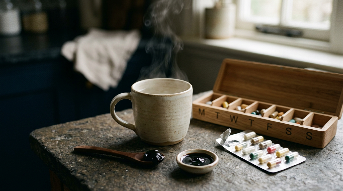 A weekly pill organizer and medication beside a mug and a spoon of shilajit resin