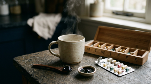 A weekly pill organizer and medication beside a mug and a spoon of shilajit resin