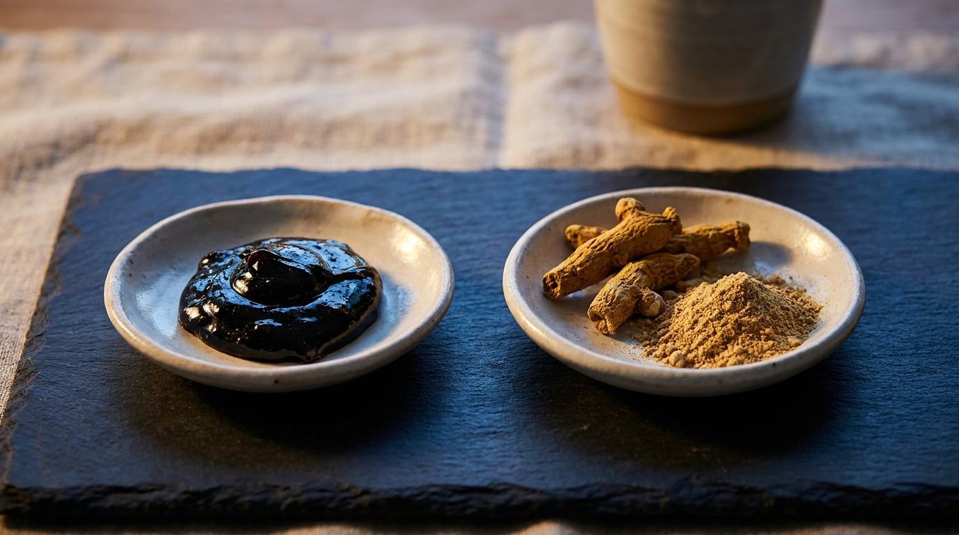 Shilajit resin and ashwagandha root side by side in small dishes