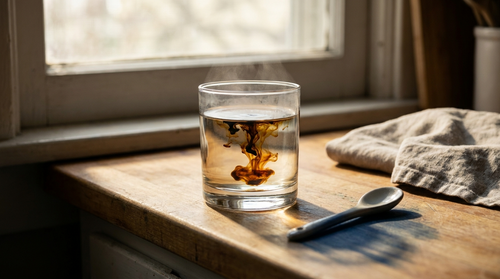 A glass of warm water with shilajit resin dissolving into amber swirls