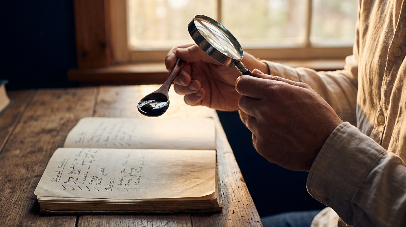 Hands inspecting a spoon of shilajit resin with a magnifying glass
