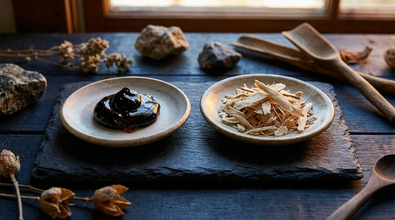 Shilajit resin and tongkat ali root side by side in small dishes