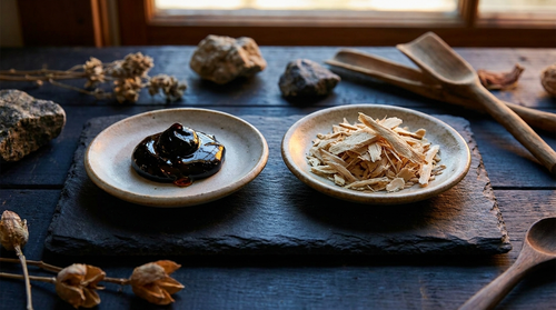 Shilajit resin and tongkat ali root side by side in small dishes