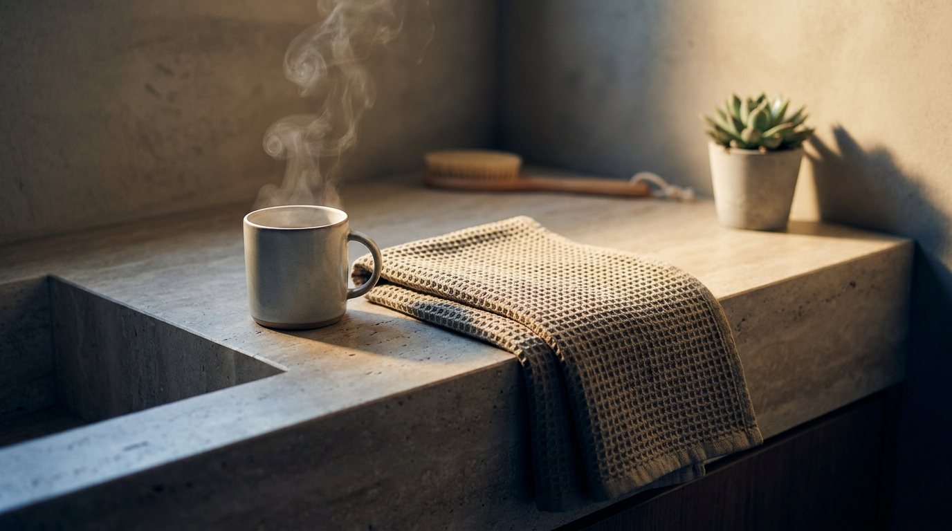 A minimalist bathroom counter with a warm mug and a folded towel