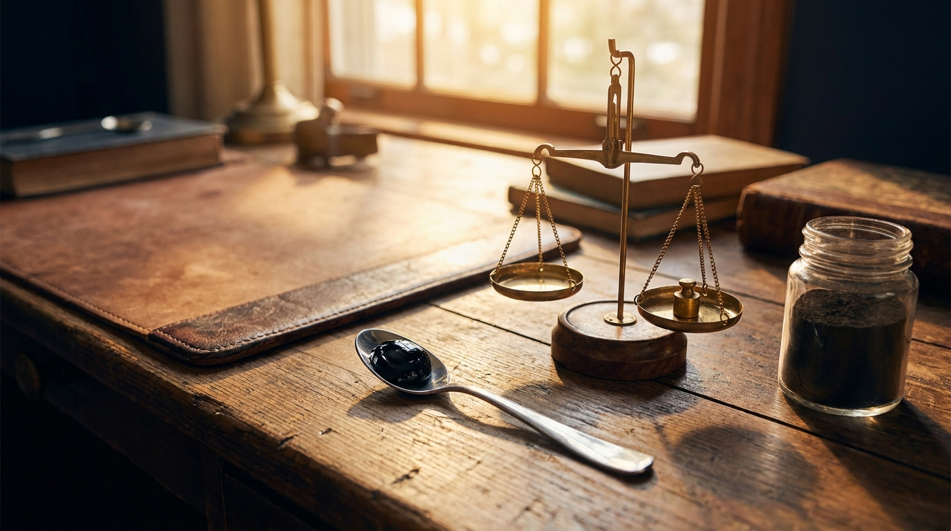 A spoon of shilajit resin beside a small brass balance scale