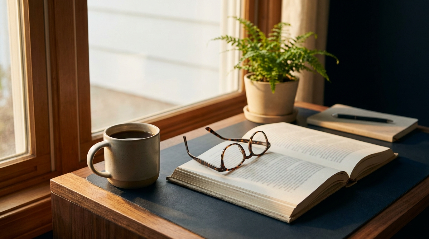 A calm study desk with an open book, reading glasses and a warm mug