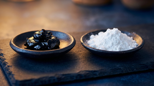 Shilajit resin and white creatine powder side by side in small dishes