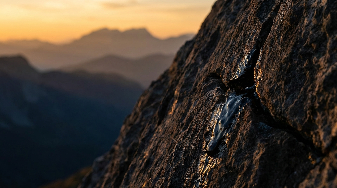Shilajit resin in a mountain rock crevice with distant ranges behind