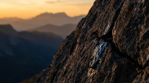 Shilajit resin in a mountain rock crevice with distant ranges behind
