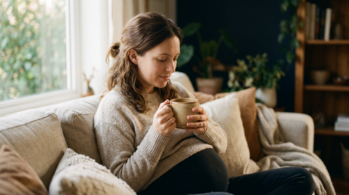 A pregnant woman holding a warm mug in soft morning light