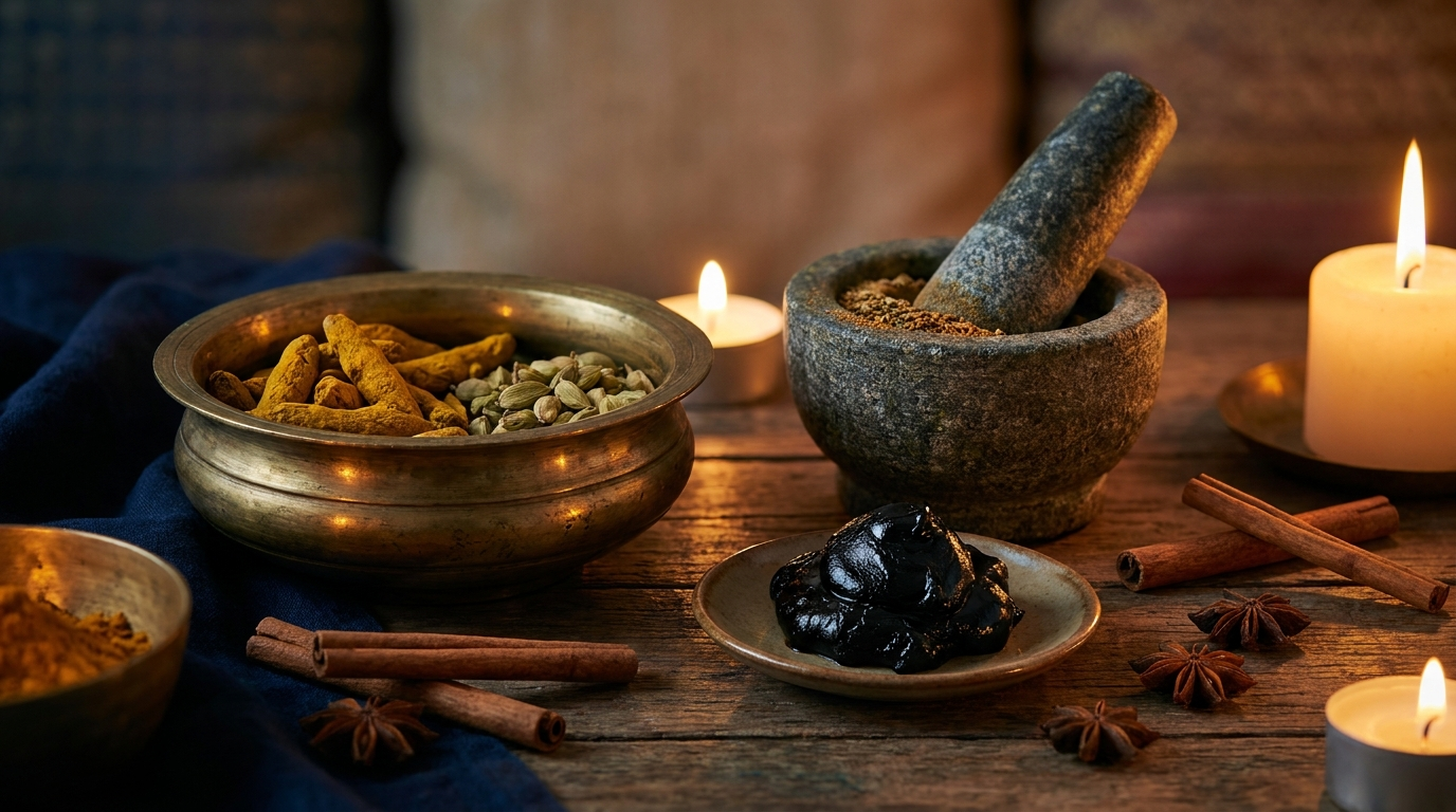 Ayurvedic still life with a brass bowl, mortar and pestle and shilajit resin