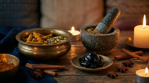 Ayurvedic still life with a brass bowl, mortar and pestle and shilajit resin