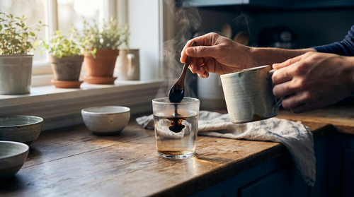 A hand stirring shilajit resin into a glass of warm water