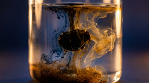 Shilajit resin dissolving in water showing darker humic and golden fulvic tones