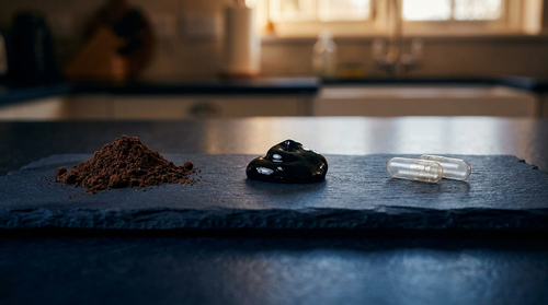 Shilajit resin, powder and capsules side by side comparing the formats