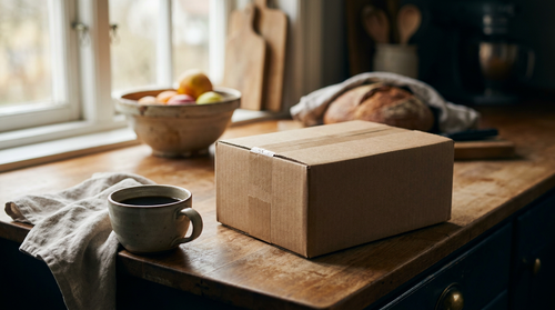 A plain kraft parcel on a kitchen counter in daylight