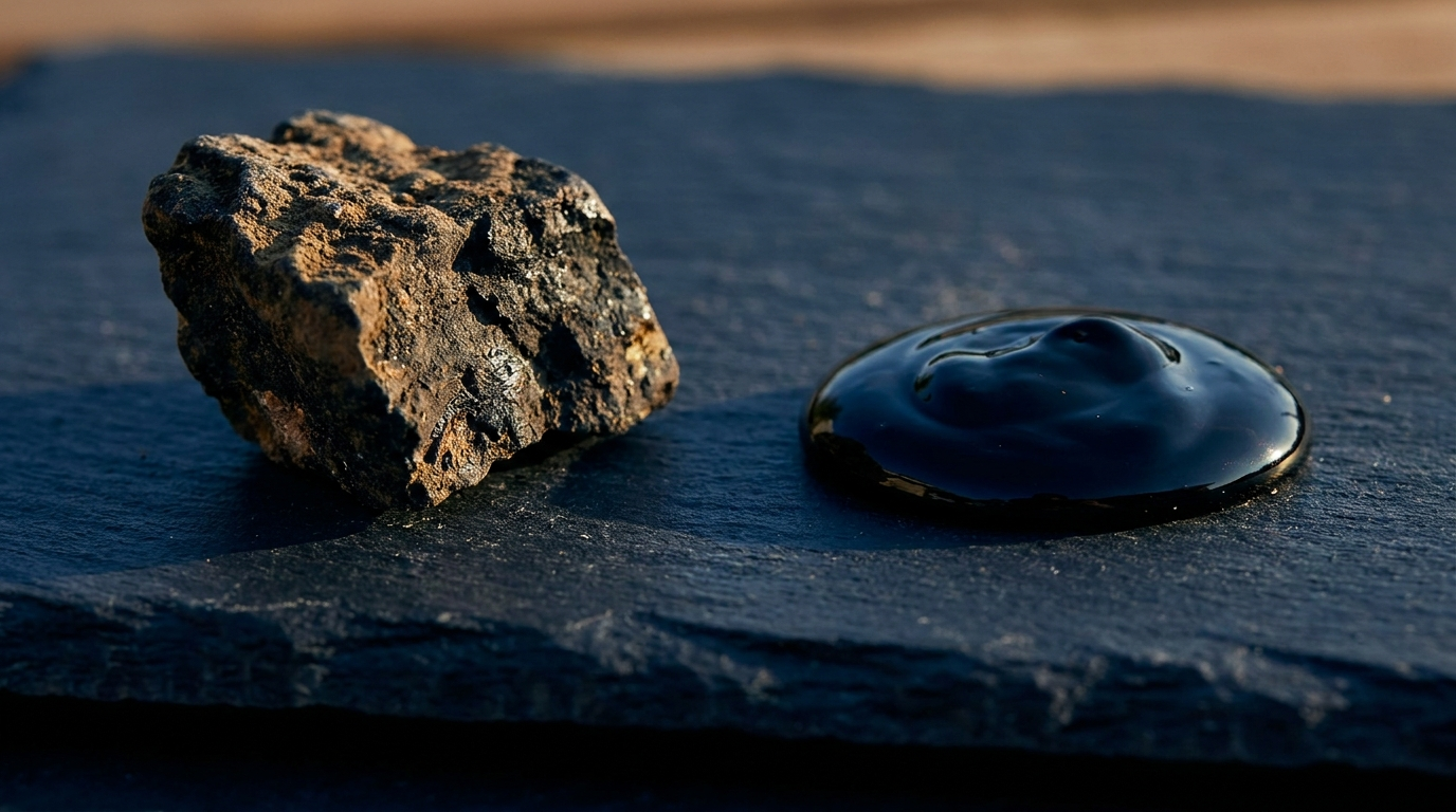 A raw shilajit rock chunk beside clean purified glossy resin