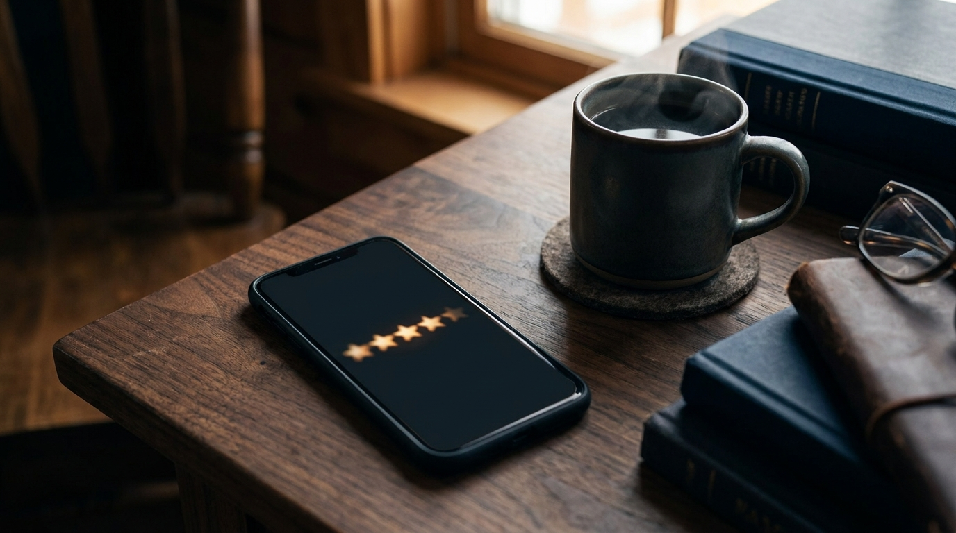 A smartphone showing star ratings beside a warm mug