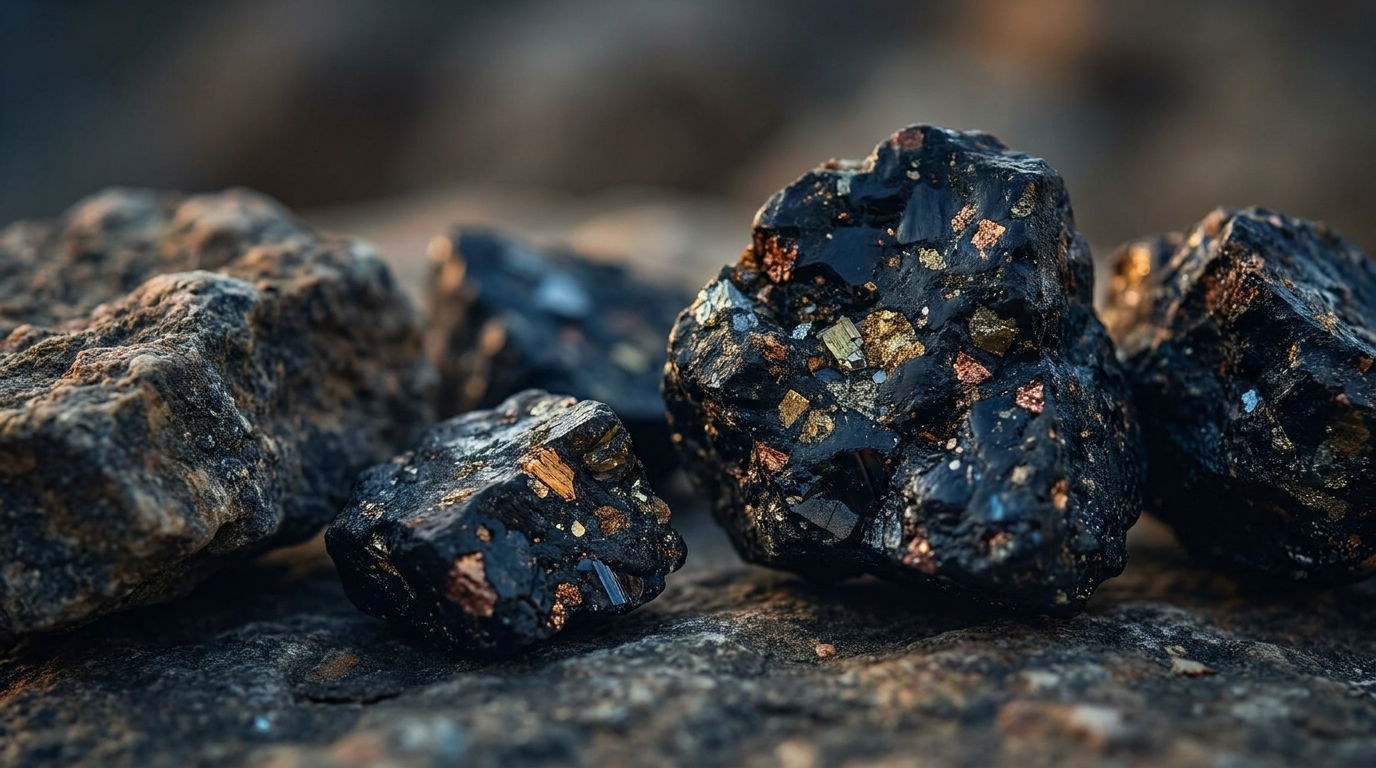 Macro of mineral rich shilajit resin and rock with tiny glinting flecks
