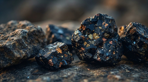 Macro of mineral rich shilajit resin and rock with tiny glinting flecks