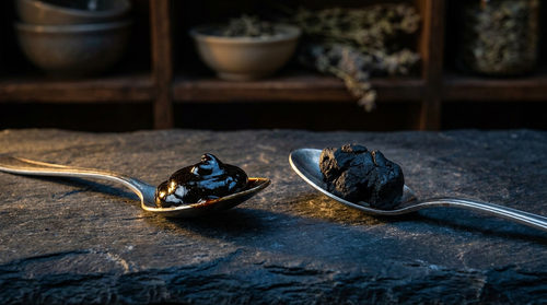 Two spoons of shilajit resin showing texture differences for storage